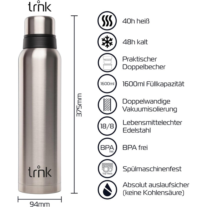 Термос trnk Outdoor polar 2, 1600 мл, нерж. сталь, BPA-free, тримає тепло 40 год, 2 чашки, для походів, стійкий до миття в посудомийці, сріблястий