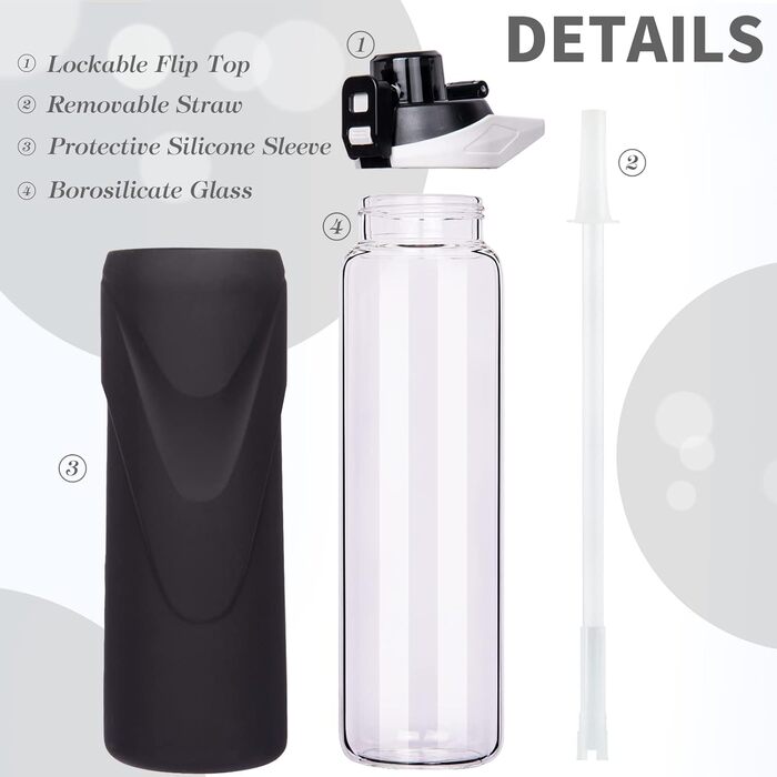 Спортивна скляна пляшка для води DEARRAY 1 л з трубочкою, герметична, BPA Free, силіконова оболонка, для смузі, фруктів і газованої води, чорна