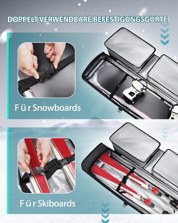 Чохол для сноуборду YOREPEK на колесах, водонепроникний, з кишенями для черевиків, розширюваний, 170 см, для 2 пар лиж/сноуборду, чорний