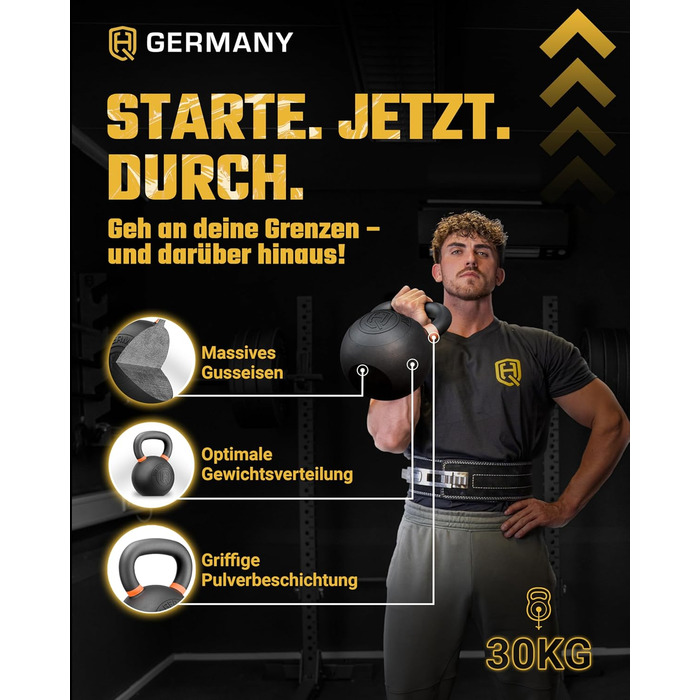 Кетлбел HQ Germany® з порошковим покриттям [2-32кг/Набори] - Набір чавунних кетлбелів преміум-якості з точністю ±2% - Кульова гиря, набір гир, кетл-бел, високоякісні кетлбели з порошковим покриттям (30кг)