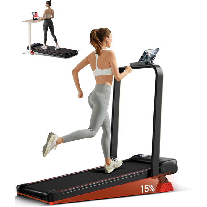 UMAY Бігова доріжка з нахилом 15%, біговий килимок для дому, складаний, з трійною амортизацією та пультом дистанційного керування, максимальне навантаження 136 кг, нахил 15%
