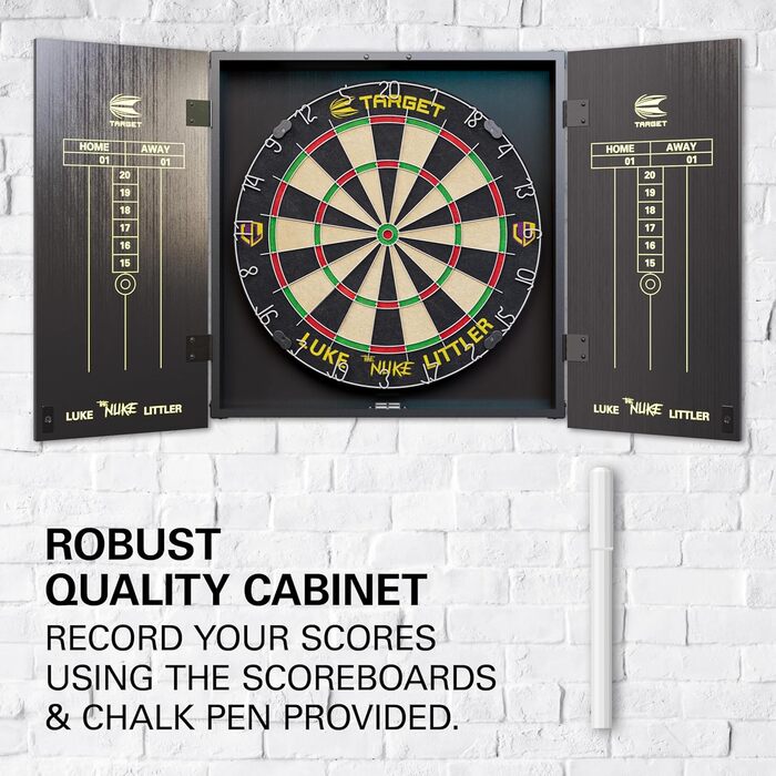 Професійний набір для дартсу Target Darts Luke Littler Kabinett & Dartboard Set 'The Nuke' з шафкою, двома наборами стілдарців та аксесуарами, ідеально підходить для гравців, включає пунктетаблиці, оригінальна гравецька версія