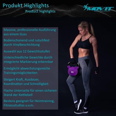 Гиря MOVIT PRO з чавуну з вініловим покриттям, 2-24 кг, 12 варіантів, екологічна, гиря для фітнесу та кросфіту