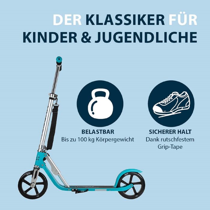 Самокат HUDORA BigWheel 205 з тросовим замком, складаний, регульована висота, з ременем для перенесення, для дітей і дорослих від 6 років, міський, до 100 кг
