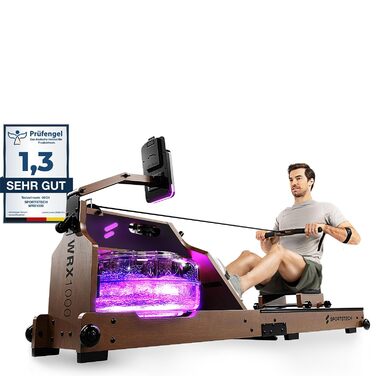 Sportstech Premium WRX1000: Гребний тренажер з водним опором для дому, складаний, з LED-дисплеєм та тримачем для планшета. Масивне дерево, фітнес-додаток з програмами тренувань.