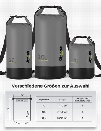 Водонепроникний мішок Glymnis 20L: міцний рюкзак для водного спорту, пляжу, подорожей та кемпінгу (чорний)
