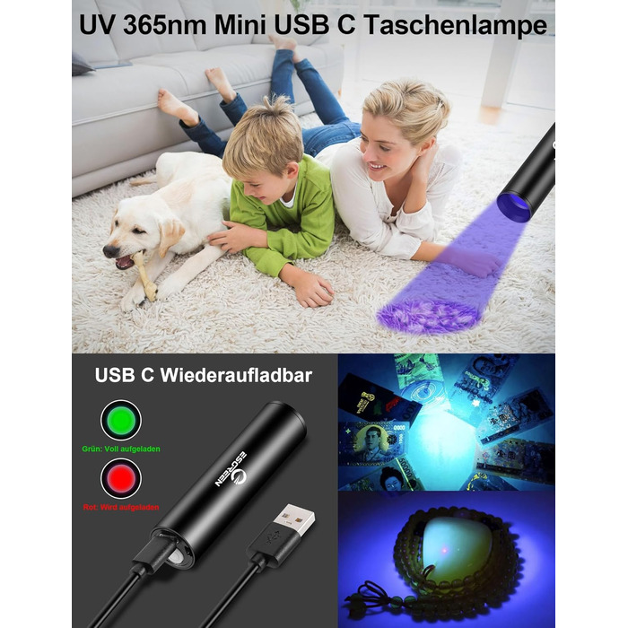 ESGREEN Тактичний ліхтарик LED 1000000 люменів, USB-C, Zoom, 5 режимів, для кемпінгу та безпеки, 32 Вт·год