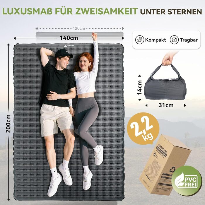 Каремат туристичний HIKENTURE 6.2 R-Wert, 8 см, на 2 особи, 140x200 см, для кемпінгу, подорожей, 4 пори року