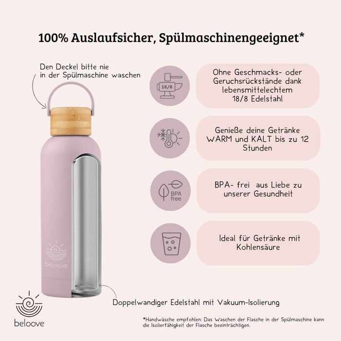 Термос пляшка beloove™ з нержавіючої сталі 500 мл, BPA-free, подвійні стінки, не протікає, для води і газованих напоїв, стійке до подряпин покриття, лілова