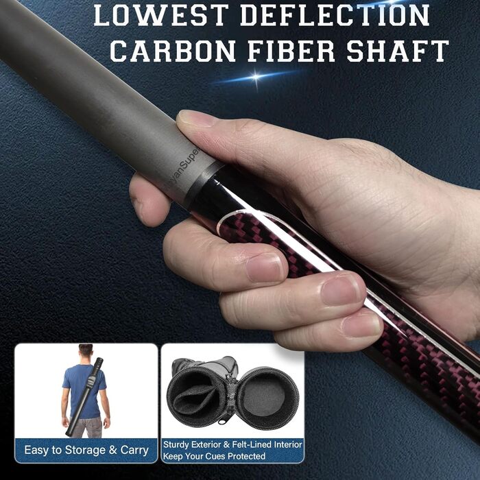Професійний більярдний кий Billardqueue з карбону, низький кут відхилення, з кейсом та аксесуарами, 12.5 мм наконечник, 147.3 см, 567-595 г