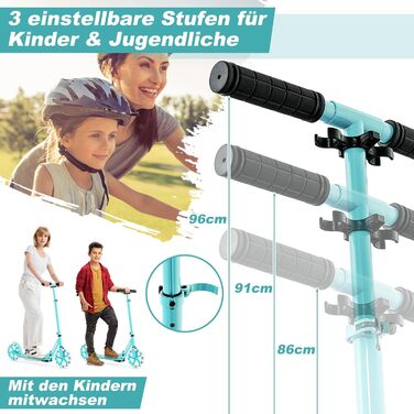 Дитячий трюковий самокат GOPLUS Roller Kinder 10 років, 3-ступенева регулювання висоти, легкий алюмінієвий, складаний, з LED-колесами, гальмом на задньому колесі, ременем та підставкою, до 100 кг, зелений