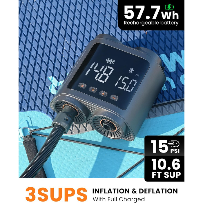OutdoorMaster Vortex Pro: Електрична SUP-насос з акумулятором 57.7Wh, 12V/15.8V DC, Typ-C, 8 насадок для SUP та інших надувних виробів