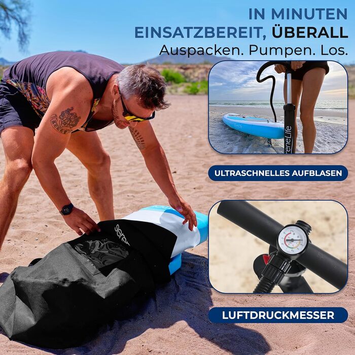 Надувний SUP СеренеЛайф для дорослих та дітей: комплект з веслом, насосом та сумкою. Touring SUP, рухлива дошка для плавання по морю, річці та озеру. Максимальне навантаження 155 кг, колір морської хвилі.