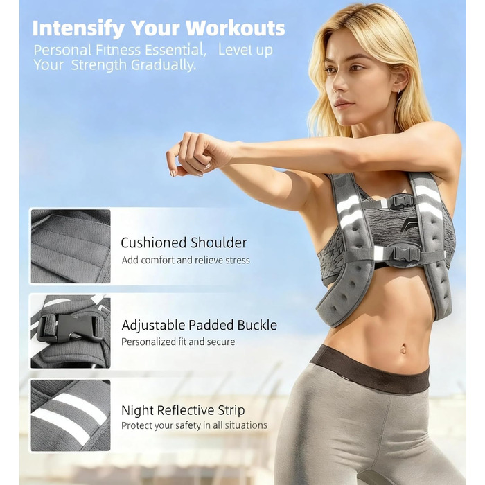 Вага для тренувань (вага жилет) 3 кг / 5 кг з світловідбиваючими смугами та регульованими ременями, сірий