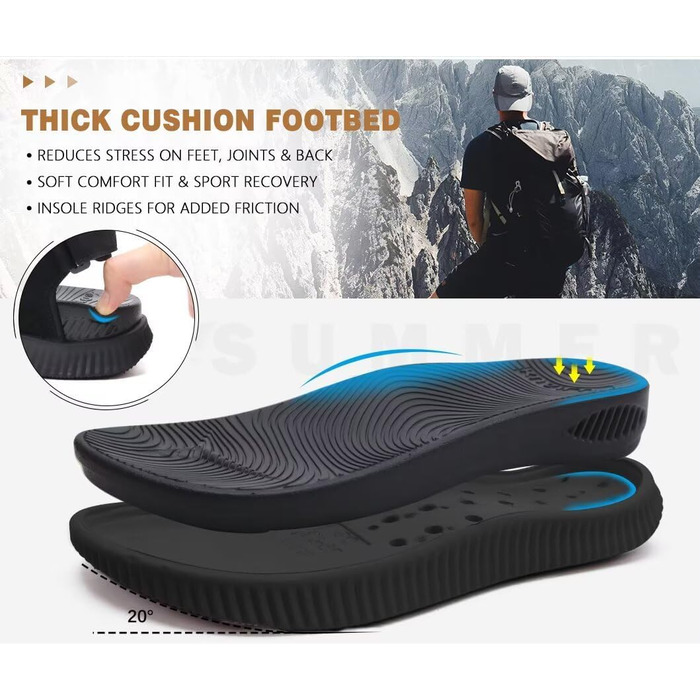 Чоловічі сандалі KuaiLu для трекінгу та відпочинку: ортопедичні, зручні, літні, пляжні, з товстою підошвою, розмір 44 EU (чорні)