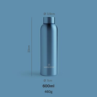 Термопляшка Waterdrop Edelstahl 600 мл блакитна матова: не протікає, для газованих напоїв, без BPA, подвійні стінки, для офісу, фітнесу та подорожей