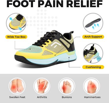 Тенісні кросівки FitVille для чоловіків з широкою ногою. Зручні кросівки для бадмінтону, фітнесу та залу. Неслизькі, дихаючі, жовтого кольору з чорним. 46 EU (широкі)