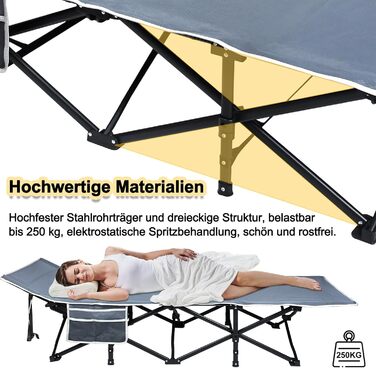 Розкладне ліжко VA-Cerulean для кемпінгу та відпочинку: міцне, легке, з кишенею та сумкою для транспортування (250 кг, 190x62x38 см)