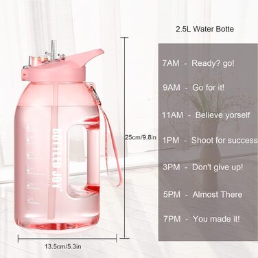 Пляшка для води Glaxcidy 2 в 1 2,5 л BOTTLED JOY з трубочкою та кришкою, з маркуванням часу, без BPA, для спорту, рожева (півгалона)