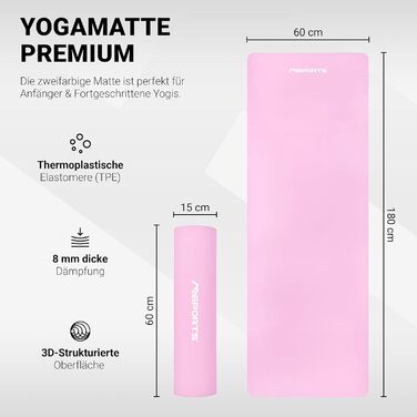 Гімнастичний килимок MSPORTS Premium для йоги, фітнесу, 183x61x0,8 см, протиковзкий, без фталатів, пастельно-рожевий, з постером вправ