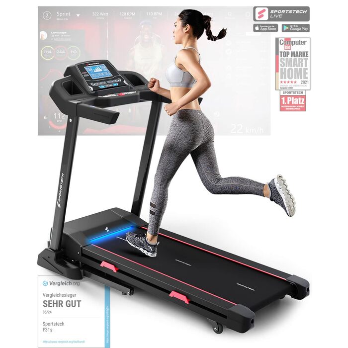 Бігова доріжка Sportstech F31s для дому з килимком, до 16 км/год, 120 см, до 150 кг