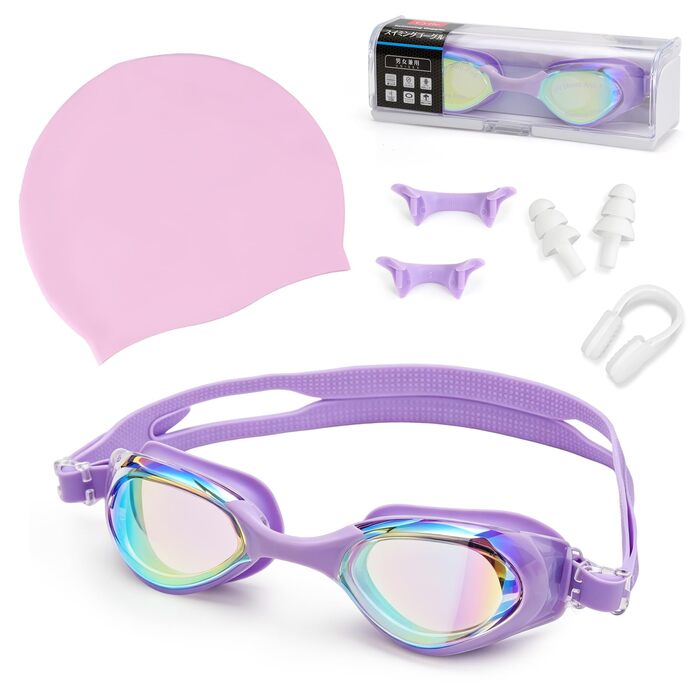Окуляри для плавання Unisex дорослі Anti-Fog, UV-захист, герметичні, 3D-силікон, фіолетові + комплект аксесуарів (чохол, шапочка, затискач для носа, беруші)