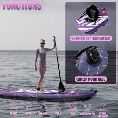 SUP-дошка Upwell 350x89 см з сидінням, надувна дошка для SUP-серфінгу (2+1) для дорослих та підлітків, фіолетова. Комплект: рюкзак, весло, ліш, насос, плавники.