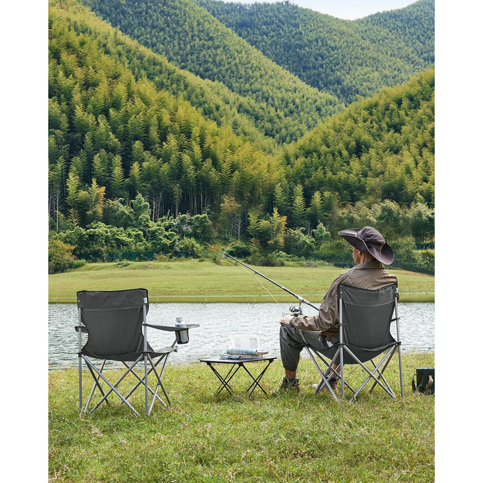 Крісла для кемпінгу SONGMICS, складані, для відпочинку на природі, зручні, з підлокітниками та тримачем для напоїв, стабільний каркас, вантажопідйомність 120 кг, 2 шт. (Шифер сірий)