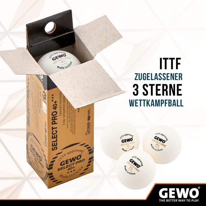 GEWO Select PRO тенісні м'ячі для настільного тенісу 3 зірки, пластикові 40+ мм зшиті, ITTF сертифіковані, білі, професійні, 3 шт.