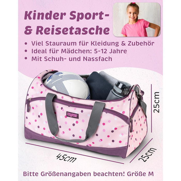 Дитяча спортивна сумка Kinder Sporttasche 25 л для дівчаток - рожево-фіолетовий принт, з відділенням для взуття та мокрих речей, регульований плечовий ремінь