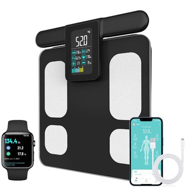 Fitdays Вага для аналізу тіла Smart з 8 електродів - точна цифрова вага BMI з Bluetooth, 20+ показників, синхронізація для 6 користувачів