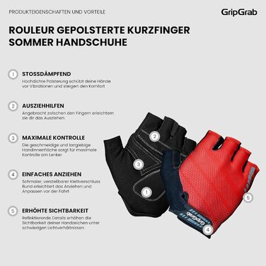 Рукавички велосипедні літні GripGrab Rouleur без пальців, червоні, розмір M - з гелевими вставками для комфорту