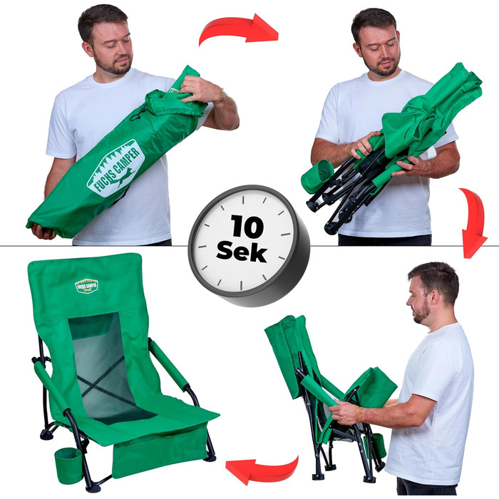 Складний туристичний стілець Fuchs Camper Strandstuhl – зручний для кемпінгу та відпочинку на пляжі, з високою спинкою та сітчастою тканиною, з тримачем для напоїв та кишенею, міцний (до 150 кг), чорний/зелений (1 шт.)