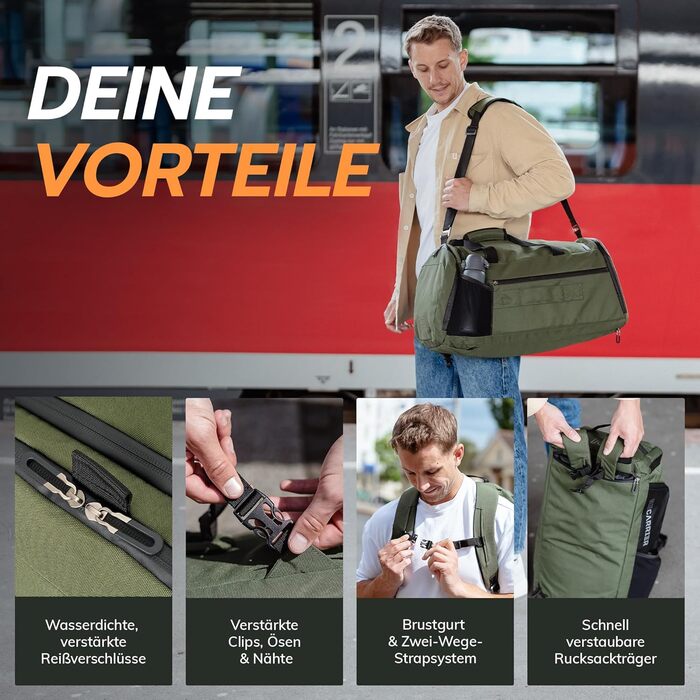 Спортивна сумка [з переробленого PET] 50L – Gym Bag та рюкзак в одному – водонепроникна сумка для тренувань чоловіча/жіноча – спортивний рюкзак з відділенням для взуття, фітнес, велика дорожня сумка (Pinewood Green)