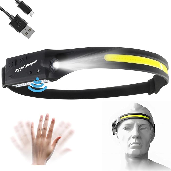Ліхтар на голову LED акумуляторний, широка смуга освітлення, ліхтар на лоб, 400 люмен, 5 режимів, датчик руху, водонепроникний, для риболовлі, USB-C, чорний