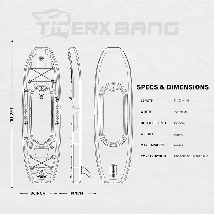 Надувний каяк TIGERXBANG 310x89x20 см з від'ємним сидінням, SUP-набір з ручним насосом, алюмінієвим веслом і рюкзаком, для дорослих і дітей, для риболовлі та туризму