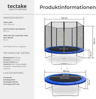 Трамплін Tectake® Ø 305 см з захисним сіткою, блакитний. Для дітей, тренування витривалості, безпечний, набір для активного відпочинку