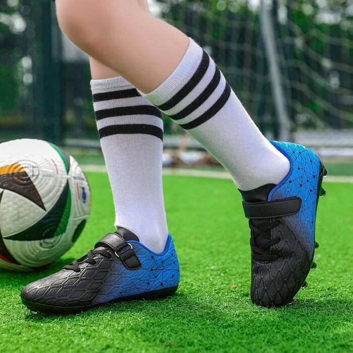 Дитячі футбольні бутси DimaiGlobal з шипами для хлопчиків та дівчаток. Зал, штучний газон, фрістайл, футзал. Професійне тренування. 33 EU, чорний/синій