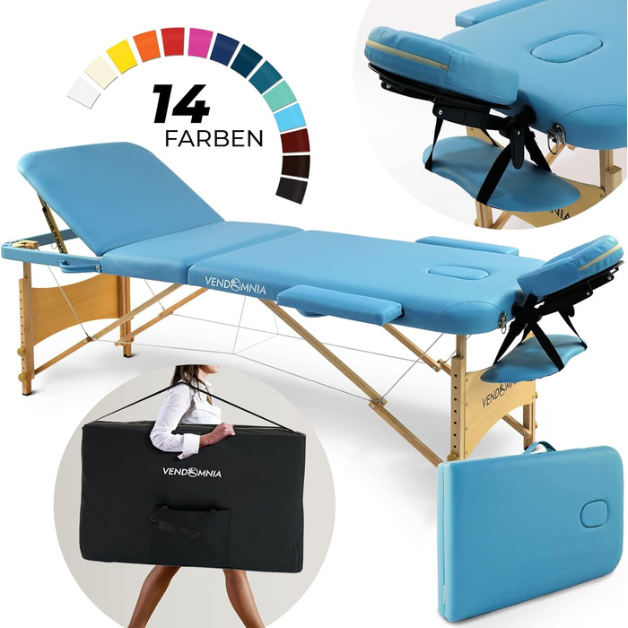 Мобільна масажна ліжка VENDOMNIA з дерев'яними ніжками, 3 зони, регулювання висоти, включаючи високоякісну підголівник, сумка, підлокітники, вибір кольору, складана, масажний стіл, масажне ліжко, ліжко для процедур, 3 зони, дерев'яний каркас, світло-блаки
