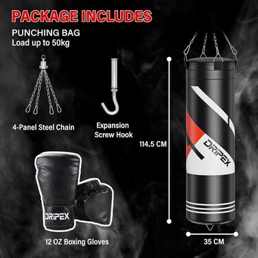 Боксерський мішок Dripex з наповнювачем, важкий підвісний боксерський мішок, комплект з міцним сталевим ланцюгом на 360° та боксерськими рукавичками для тренувань кікбоксингу, фітнесу, MMA