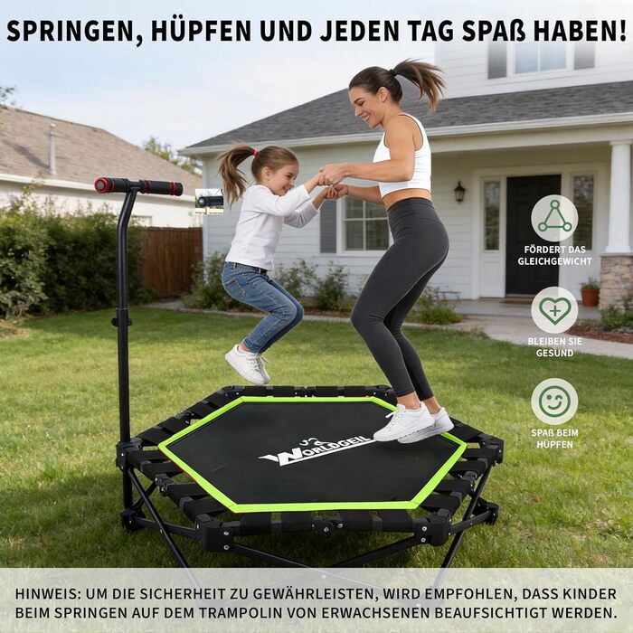 Складаний фітнес-батут для дому з регульованою ручкою, навантаження до 150 кг, Ø 86.5 см, для дорослих та дітей (Зелений)