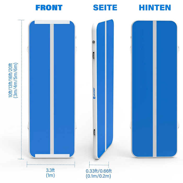 AKSPORT Надувний гімнастичний мат з повітряною подушкою, 3/4/5/6м, 10/20см, 300x100x10см, синій
