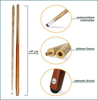 Набір для більярду HD Billard Queue Set: 2-секційна кий з благородного дерева, 147 см, для пулу та снукеру, змінна шкіряна насадка, крейда та запасні насадки