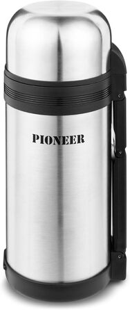 Термос Pioneer 1,5 л з нержавіючої сталі з ручкою та чашкою, подвійні стінки, зберігає тепло/холод 8 годин, герметичний, BPA Free, сріблястий