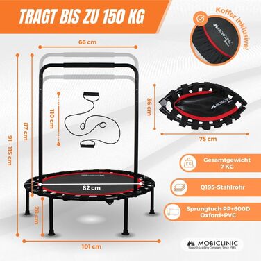 Фітнес-батут Mobiclinic Kangumobi 101 см, складаний, для дому та вулиці, до 150 кг, з ручкою і 2 еспандерами