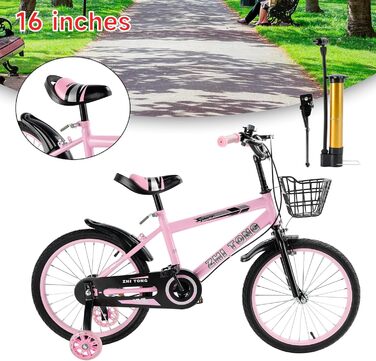 Дитяче велосипед 16 дюймів, регульоване сідло та кермо, рама з вуглецевої сталі, подвійні гальма, ударостійкі колеса, магнітні блискучі колеса, знімні додаткові колеса, для хлопчиків