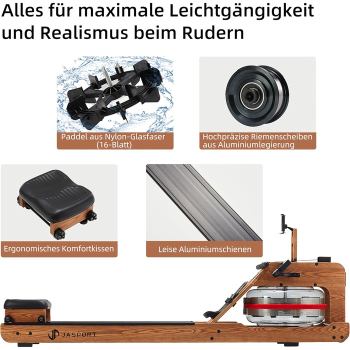 JASPORT R1: Гребний тренажер для дому з масивного дерева (Еш) з комп'ютером та кріпленням для планшета | JASPORT