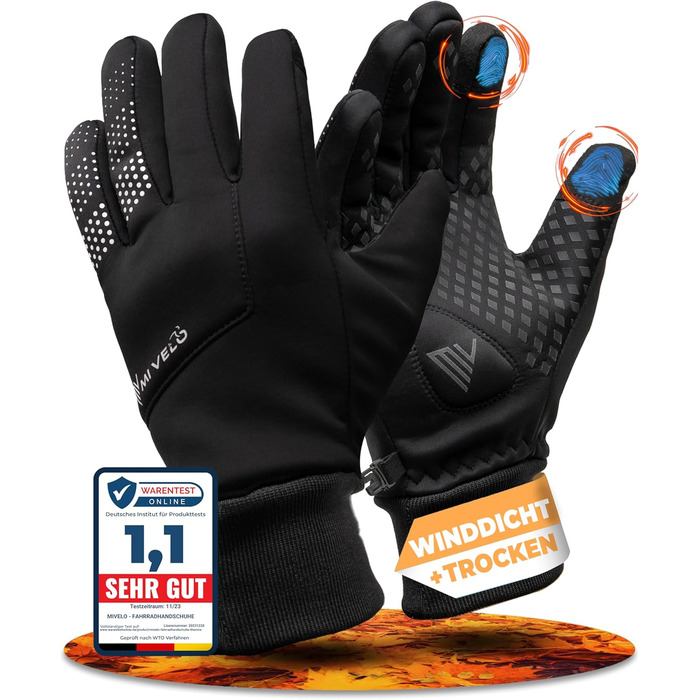 Велосипедні рукавички MIVELO для чоловіків та жінок - водонепроникні з Ergo-Pad, сумісні з сенсорними екранами, зимові та перехідні рукавички, чорний колір, розмір L, для осені/весни