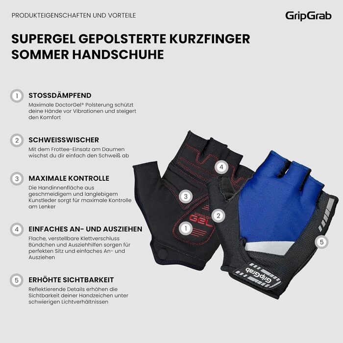 Велосипедні рукавички GripGrab SuperGel 6mm DoctorGel, безпальцеві, літні, напівпальцеві, гель, короткі, темно-синій, XL