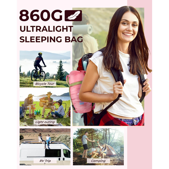 Сплячий мішок Ohuhu, компактний та ультралегкий (900г), літній, ковдровий, для дому та відпочинку, кемпінгу, подорожей, фестивалів (рожевий)